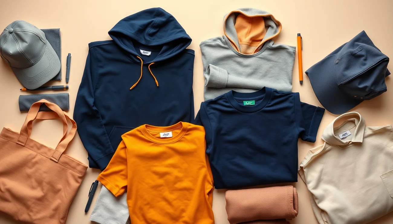 Custom apparel and promotional products flatlay